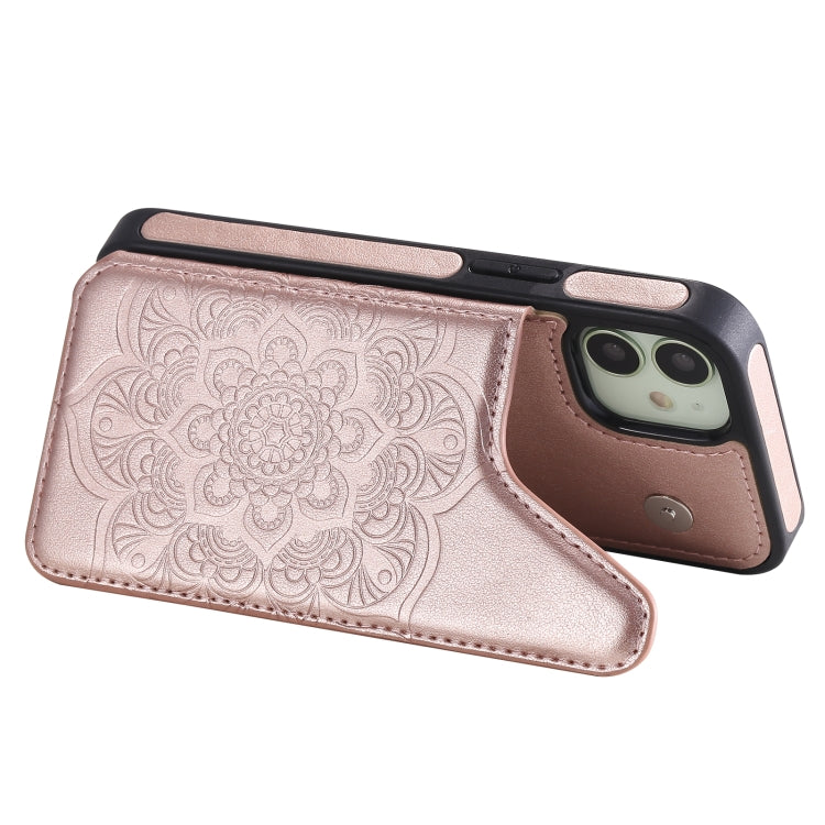 For iPhone 12 mini Flower Embossing Pattern Shockproof Protective Case with Holder & Card Slots & Photo Frame