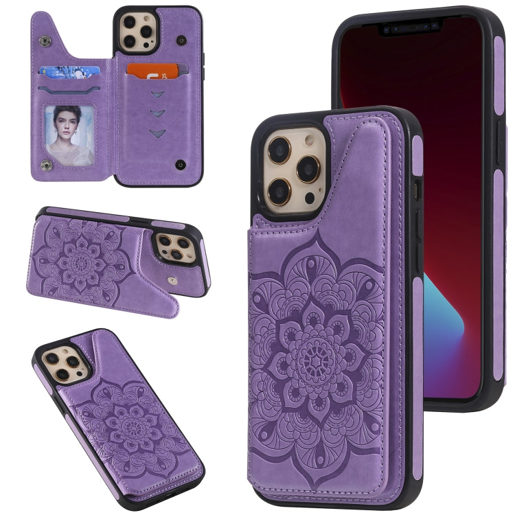 For iPhone 12 Pro Max Flower Embossing Pattern Shockproof Protective Case with Holder & Card Slots & Photo Frame