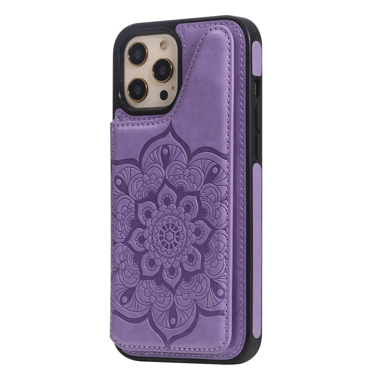 For iPhone 12 Pro Max Flower Embossing Pattern Shockproof Protective Case with Holder & Card Slots & Photo Frame
