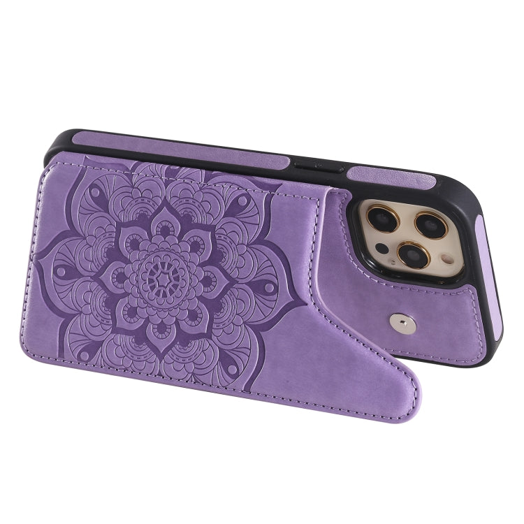 For iPhone 12 Pro Max Flower Embossing Pattern Shockproof Protective Case with Holder & Card Slots & Photo Frame
