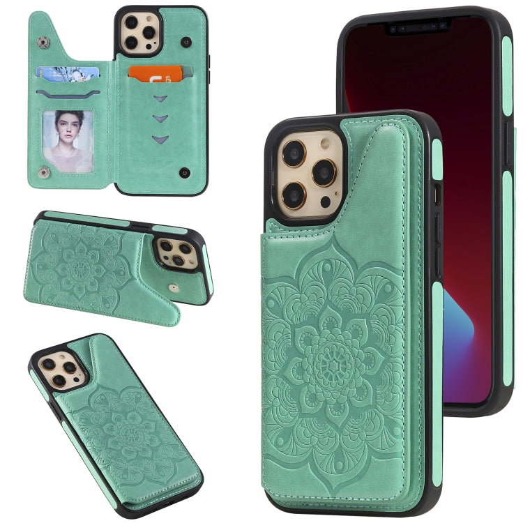 For iPhone 12 Pro Max Flower Embossing Pattern Shockproof Protective Case with Holder & Card Slots & Photo Frame