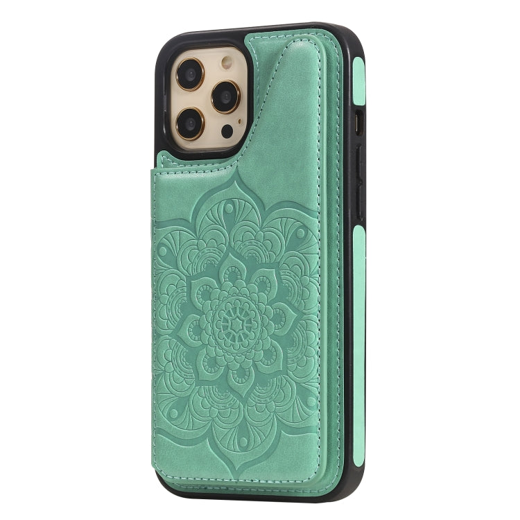 For iPhone 12 Pro Max Flower Embossing Pattern Shockproof Protective Case with Holder & Card Slots & Photo Frame