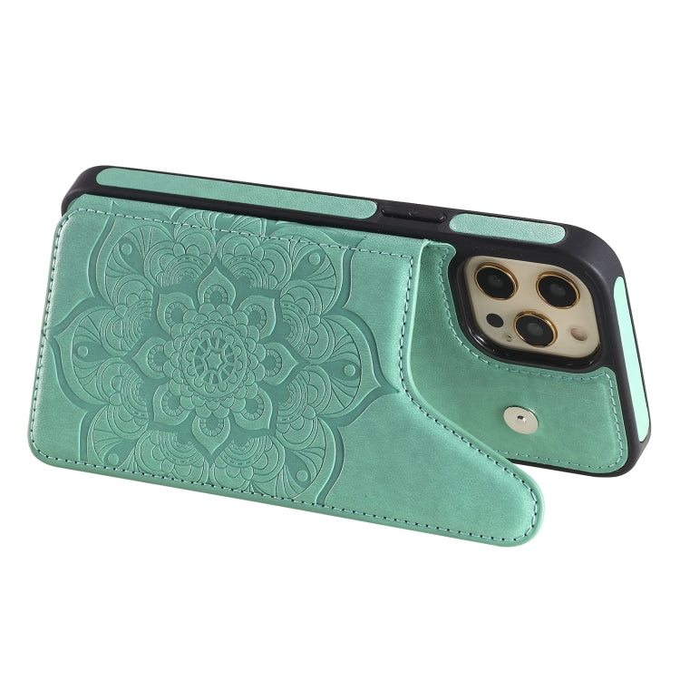 For iPhone 12 Pro Max Flower Embossing Pattern Shockproof Protective Case with Holder & Card Slots & Photo Frame