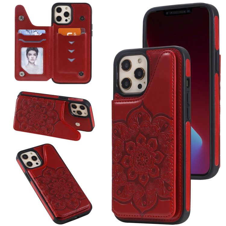 For iPhone 12 Pro Max Flower Embossing Pattern Shockproof Protective Case with Holder & Card Slots & Photo Frame