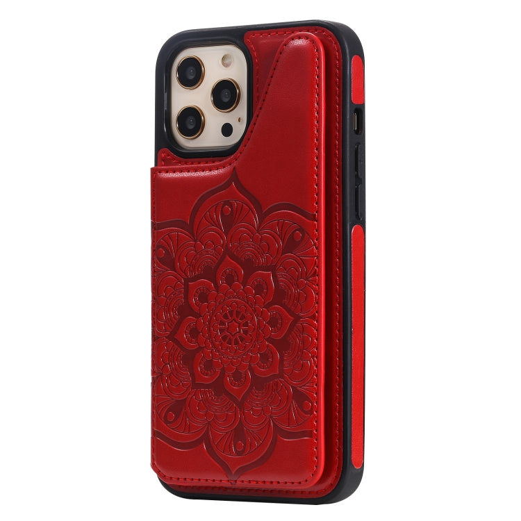 For iPhone 12 Pro Max Flower Embossing Pattern Shockproof Protective Case with Holder & Card Slots & Photo Frame