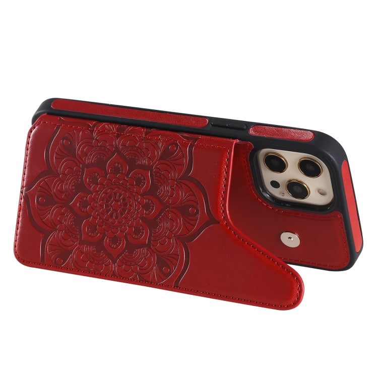 For iPhone 12 Pro Max Flower Embossing Pattern Shockproof Protective Case with Holder & Card Slots & Photo Frame