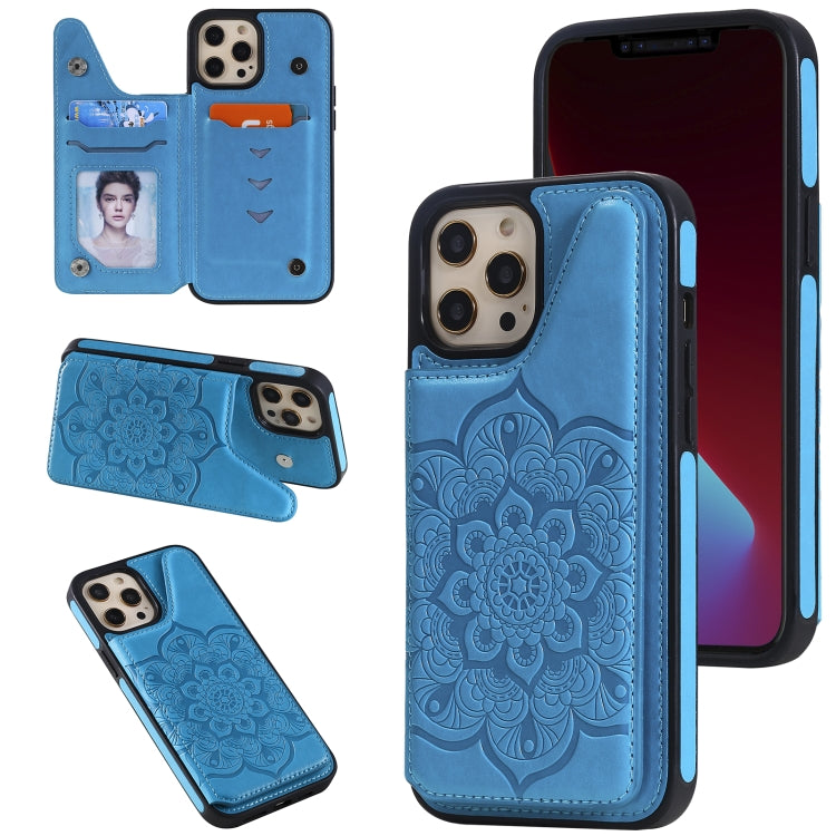 For iPhone 12 Pro Max Flower Embossing Pattern Shockproof Protective Case with Holder & Card Slots & Photo Frame