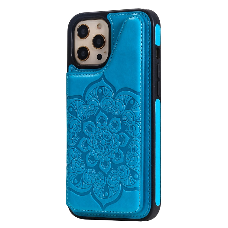 For iPhone 12 Pro Max Flower Embossing Pattern Shockproof Protective Case with Holder & Card Slots & Photo Frame