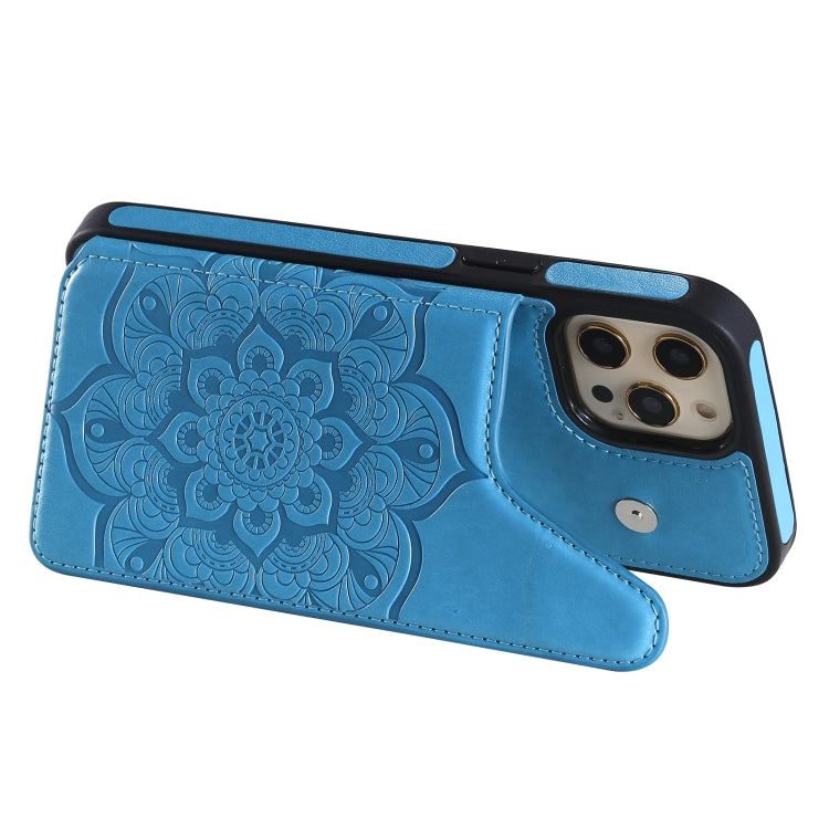For iPhone 12 Pro Max Flower Embossing Pattern Shockproof Protective Case with Holder & Card Slots & Photo Frame
