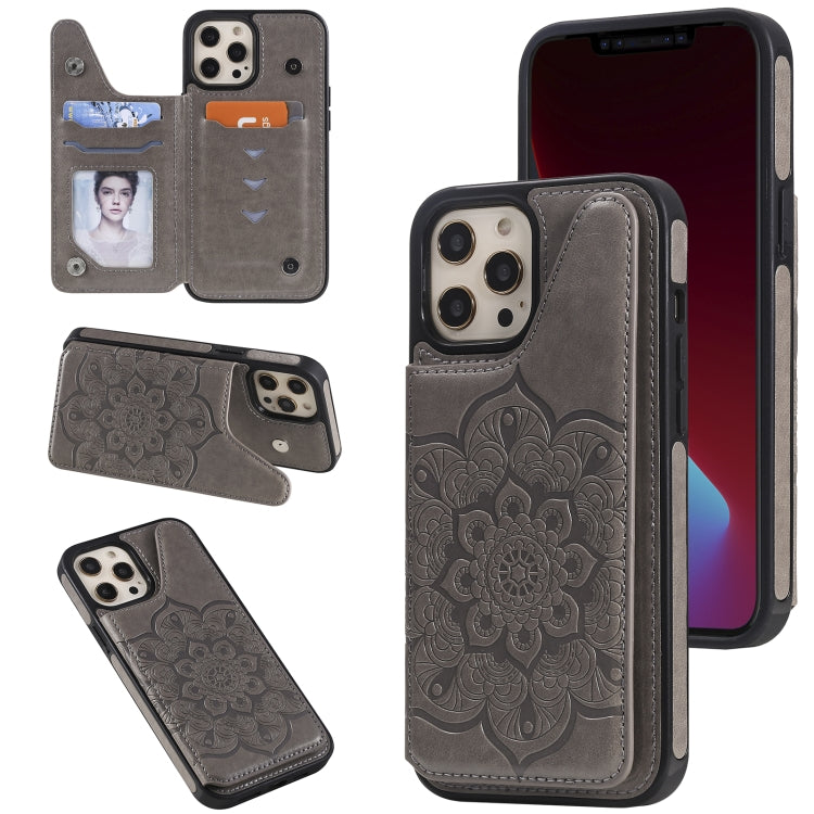 For iPhone 12 Pro Max Flower Embossing Pattern Shockproof Protective Case with Holder & Card Slots & Photo Frame