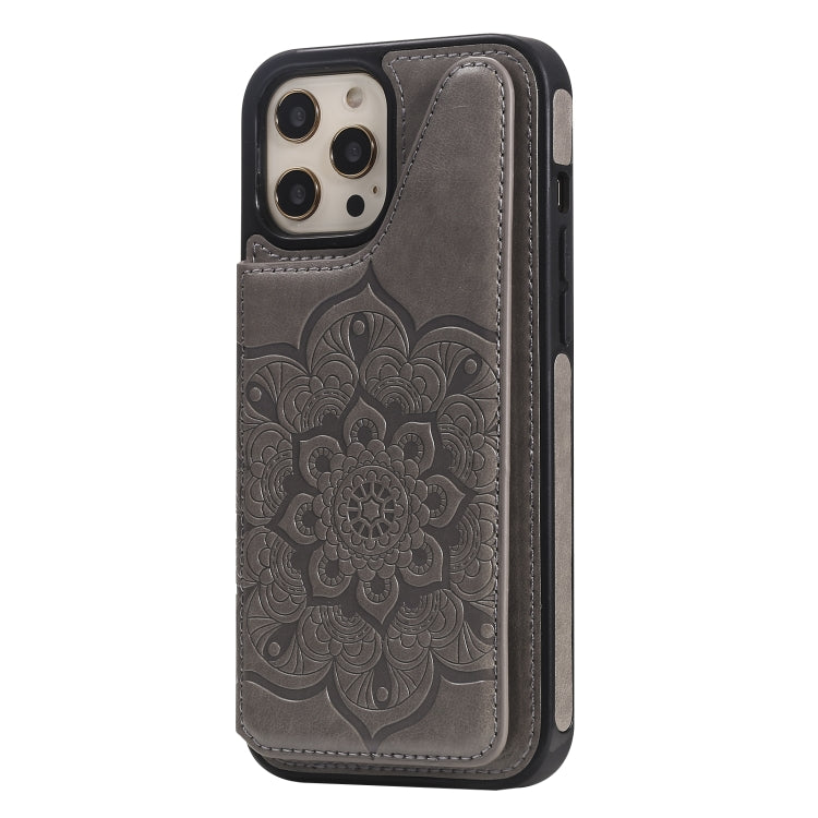 For iPhone 12 Pro Max Flower Embossing Pattern Shockproof Protective Case with Holder & Card Slots & Photo Frame