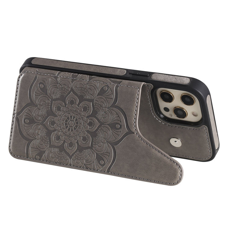 For iPhone 12 Pro Max Flower Embossing Pattern Shockproof Protective Case with Holder & Card Slots & Photo Frame