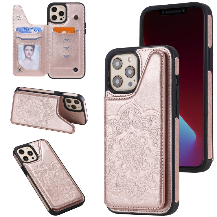 For iPhone 12 Pro Max Flower Embossing Pattern Shockproof Protective Case with Holder & Card Slots & Photo Frame