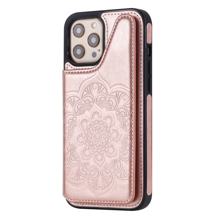 For iPhone 12 Pro Max Flower Embossing Pattern Shockproof Protective Case with Holder & Card Slots & Photo Frame