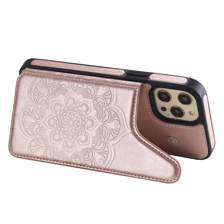 For iPhone 12 Pro Max Flower Embossing Pattern Shockproof Protective Case with Holder & Card Slots & Photo Frame