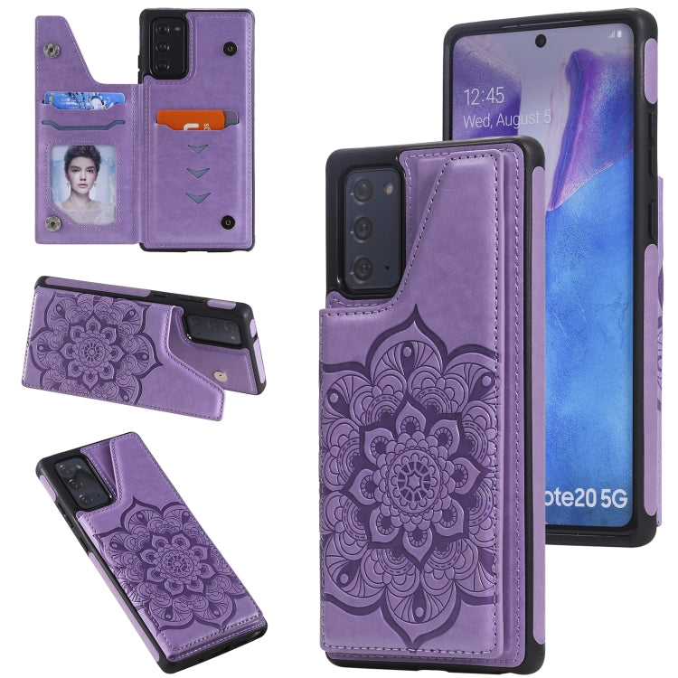 For Samsung Galaxy Note20 Flower Embossing Pattern Shockproof Protective Case with Holder & Card Slots & Photo Frame