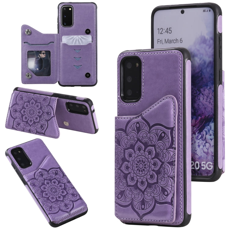 For Samsung Galaxy S20 Flower Embossing Pattern Shockproof Protective Case with Holder & Card Slots & Photo Frame