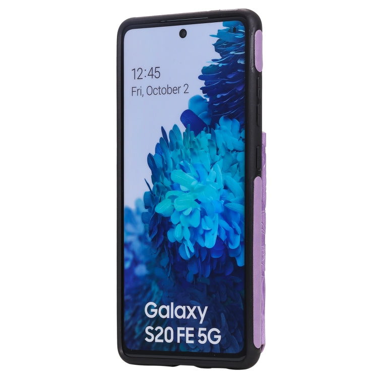 For Samsung Galaxy S20 FE 5G Flower Embossing Pattern Shockproof Protective Case with Holder & Card Slots & Photo Frame