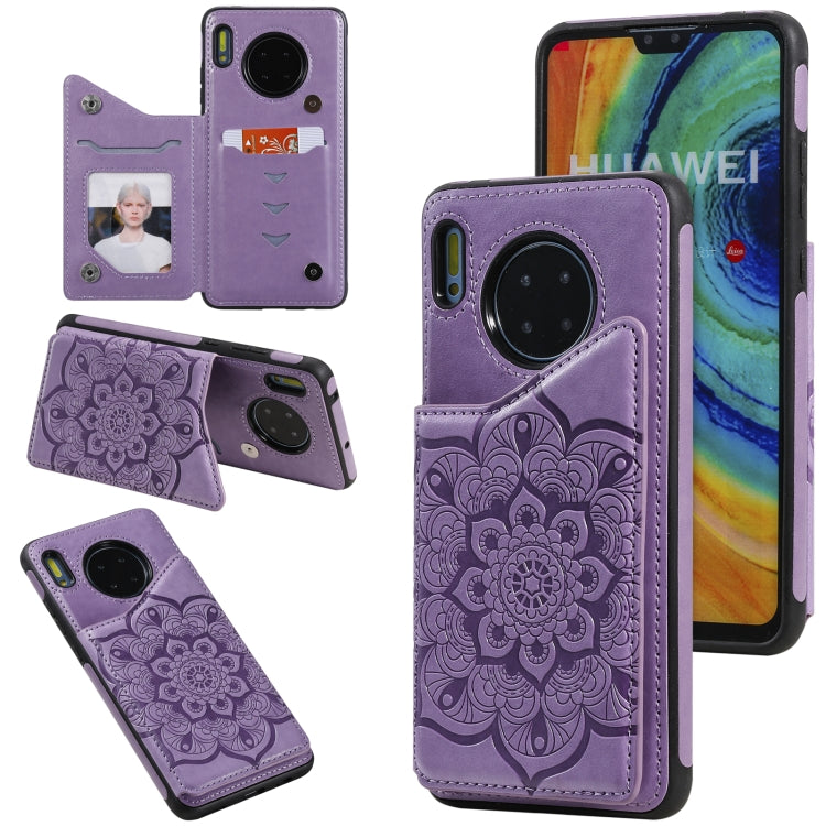 For Huawei Mate 30 Flower Embossing Pattern Shockproof Protective Case with Holder & Card Slots & Photo Frame
