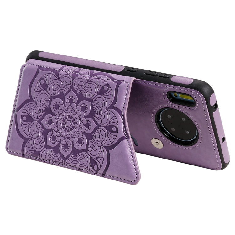 For Huawei Mate 30 Flower Embossing Pattern Shockproof Protective Case with Holder & Card Slots & Photo Frame