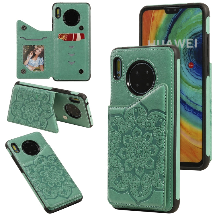 For Huawei Mate 30 Flower Embossing Pattern Shockproof Protective Case with Holder & Card Slots & Photo Frame