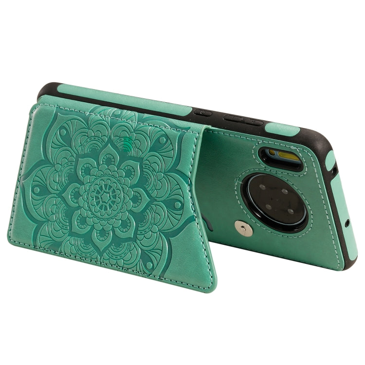 For Huawei Mate 30 Flower Embossing Pattern Shockproof Protective Case with Holder & Card Slots & Photo Frame