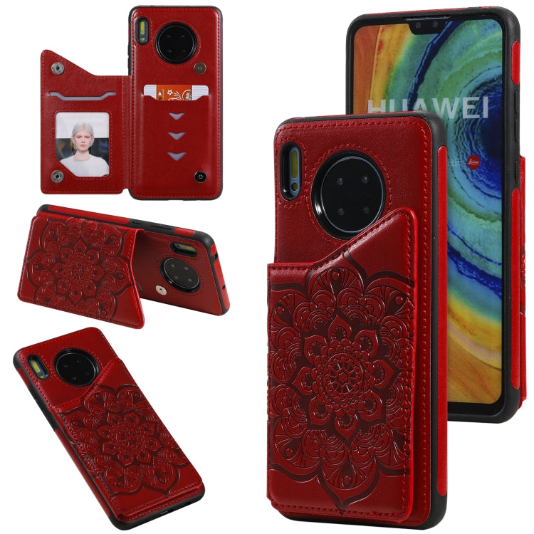 For Huawei Mate 30 Flower Embossing Pattern Shockproof Protective Case with Holder & Card Slots & Photo Frame