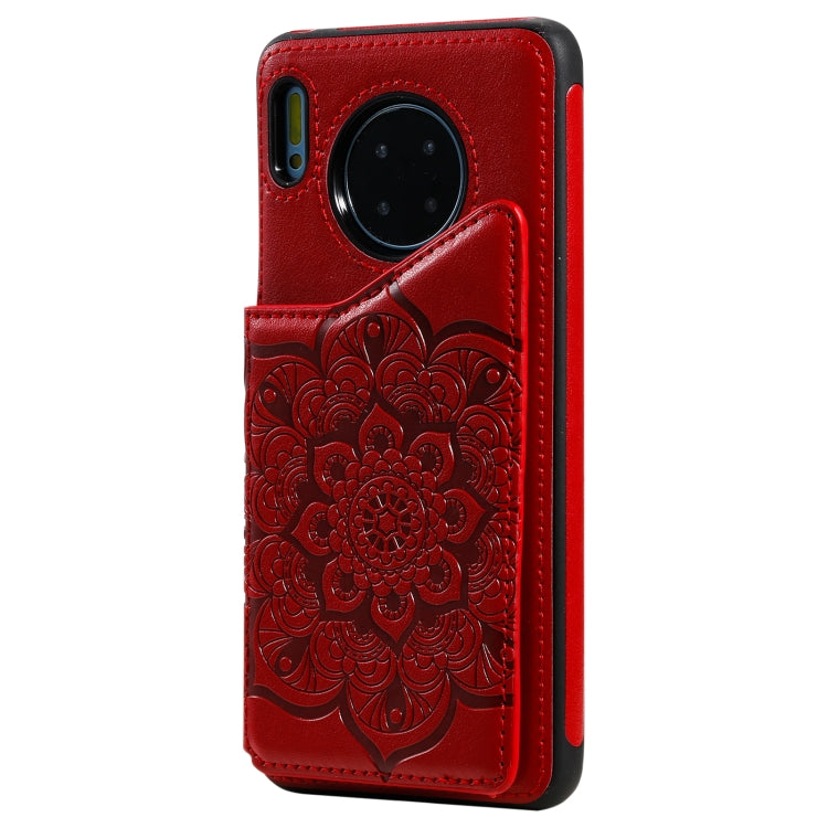 For Huawei Mate 30 Flower Embossing Pattern Shockproof Protective Case with Holder & Card Slots & Photo Frame