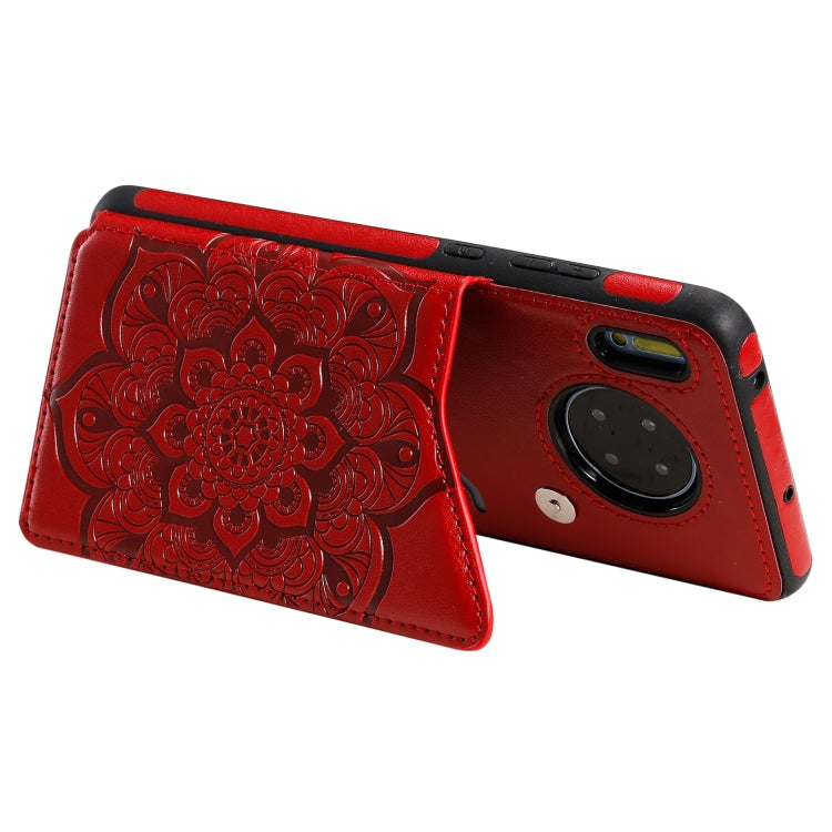 For Huawei Mate 30 Flower Embossing Pattern Shockproof Protective Case with Holder & Card Slots & Photo Frame