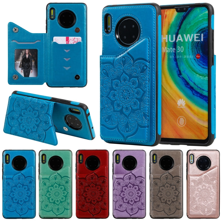 For Huawei Mate 30 Flower Embossing Pattern Shockproof Protective Case with Holder & Card Slots & Photo Frame