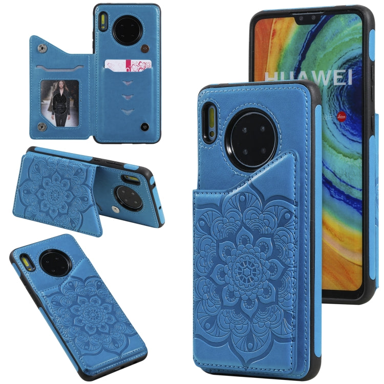 For Huawei Mate 30 Flower Embossing Pattern Shockproof Protective Case with Holder & Card Slots & Photo Frame
