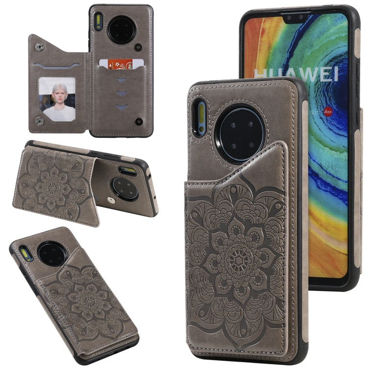 For Huawei Mate 30 Flower Embossing Pattern Shockproof Protective Case with Holder & Card Slots & Photo Frame