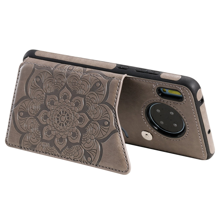 For Huawei Mate 30 Flower Embossing Pattern Shockproof Protective Case with Holder & Card Slots & Photo Frame