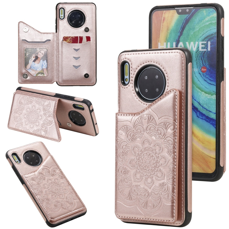 For Huawei Mate 30 Flower Embossing Pattern Shockproof Protective Case with Holder & Card Slots & Photo Frame