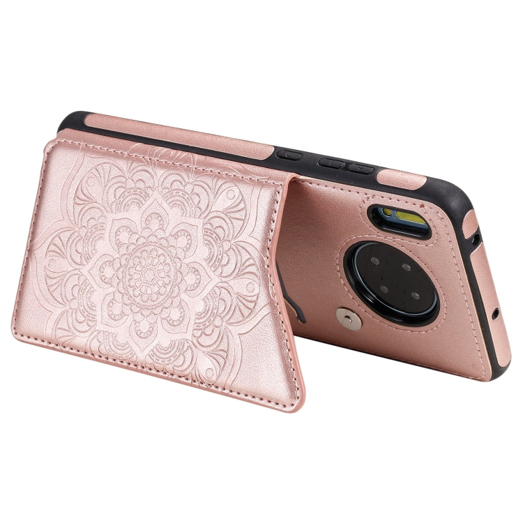 For Huawei Mate 30 Flower Embossing Pattern Shockproof Protective Case with Holder & Card Slots & Photo Frame