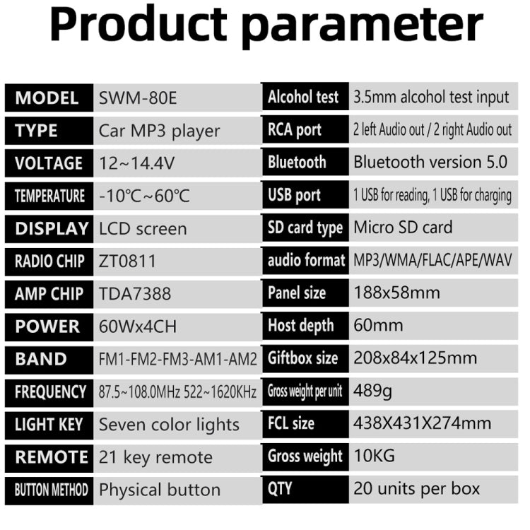 SWM-80E DC12V Car MP3 Support FM / AM & Bluetooth & Mobile Phone Voice Assistant & Drunk Driving Test Function