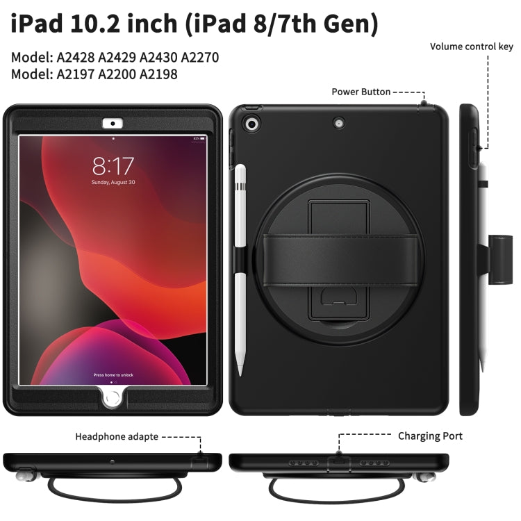For iPad 10.2 2021 / 2020 / 2019 360 Degree Rotation PC + TPU Protective Case with Holder & Hand-strap & Pen Slot