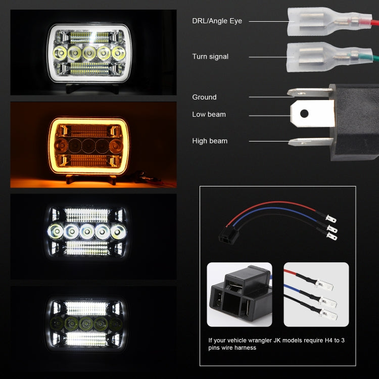 7 inch(5X7)/(7X6) H4 DC 9V-30V 30000LM 200W Car Square Shape LED Headlight Lamps for Jeep Wrangler, with Angel Eye