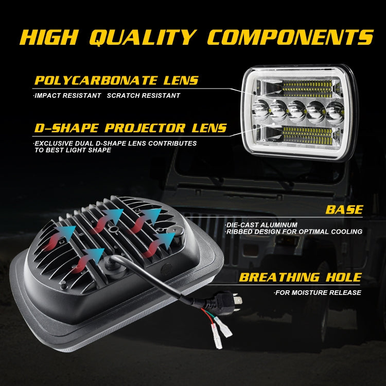 7 inch(5X7)/(7X6) H4 DC 9V-30V 30000LM 200W Car Square Shape LED Headlight Lamps for Jeep Wrangler, with Angel Eye