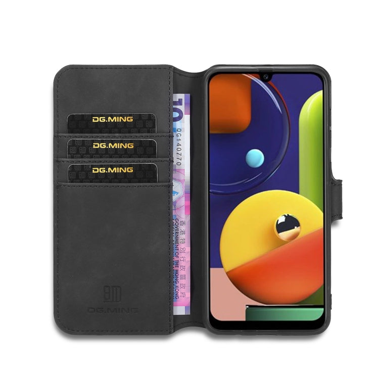 For Galaxy A30s / A50s DG.MING Retro Oil Side Horizontal Flip Case with Holder & Card Slots & Wallet