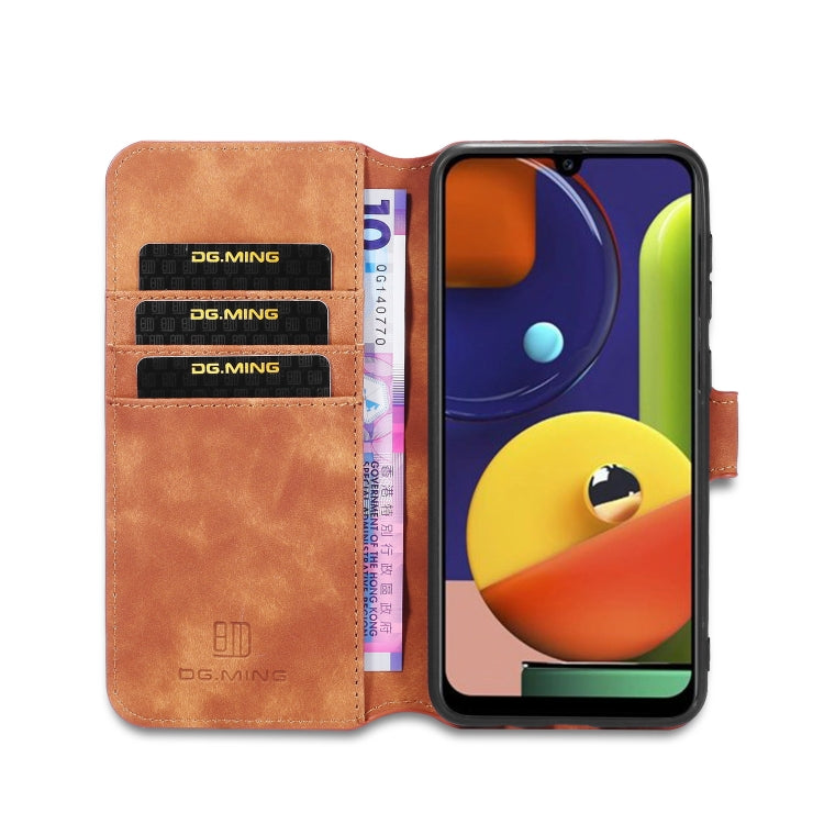 For Galaxy A30s / A50s DG.MING Retro Oil Side Horizontal Flip Case with Holder & Card Slots & Wallet