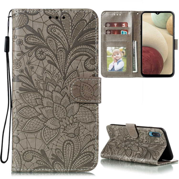 For Samsung Galaxy A02 / M02 (EU) Lace Flower Embossing Pattern Horizontal Flip Leather Case with Holder & Card Slots & Wallet & Photo Frame