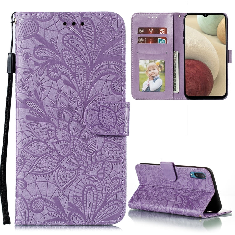 For Samsung Galaxy A02 / M02 (EU) Lace Flower Embossing Pattern Horizontal Flip Leather Case with Holder & Card Slots & Wallet & Photo Frame