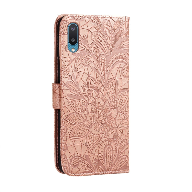 For Samsung Galaxy A02 / M02 (EU) Lace Flower Embossing Pattern Horizontal Flip Leather Case with Holder & Card Slots & Wallet & Photo Frame