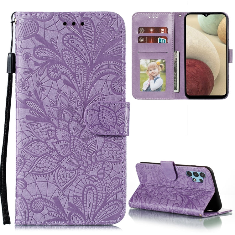 For Samsung Galaxy A32 4G Lace Flower Embossing Pattern Horizontal Flip Leather Case with Holder & Card Slots & Wallet & Photo Frame