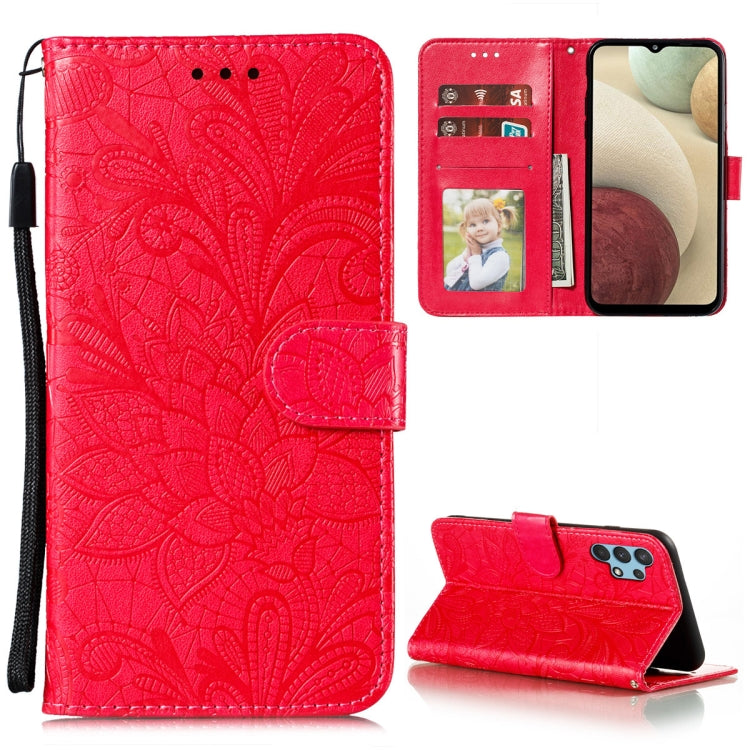 For Samsung Galaxy A32 4G Lace Flower Embossing Pattern Horizontal Flip Leather Case with Holder & Card Slots & Wallet & Photo Frame
