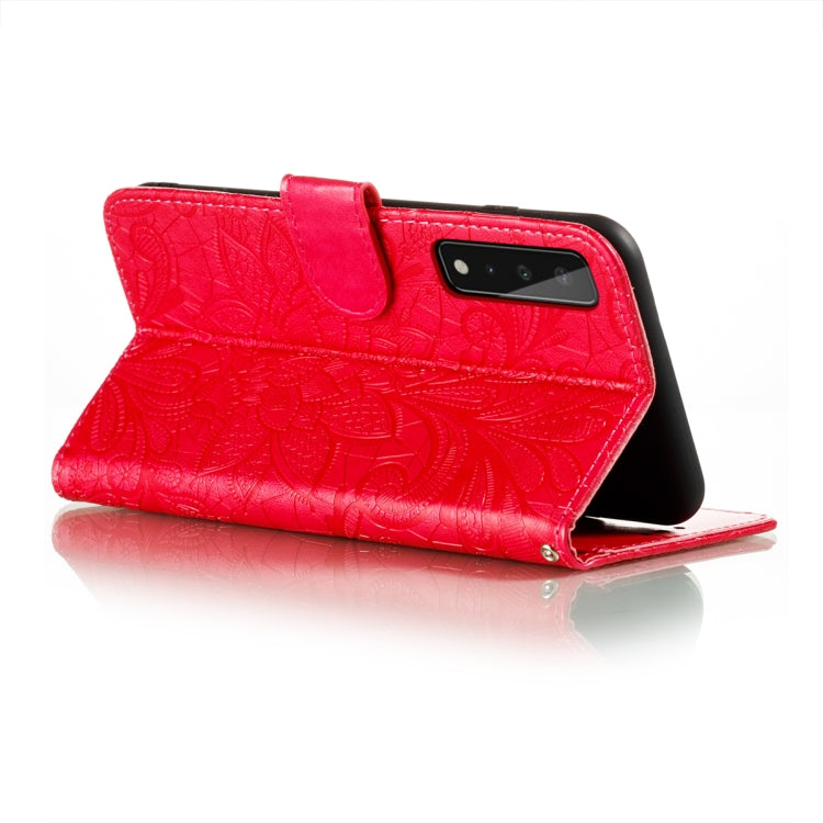 For LG Stylo 7 5G Lace Flower Embossing Pattern Horizontal Flip Leather Case with Holder & Card Slots & Wallet & Photo Frame