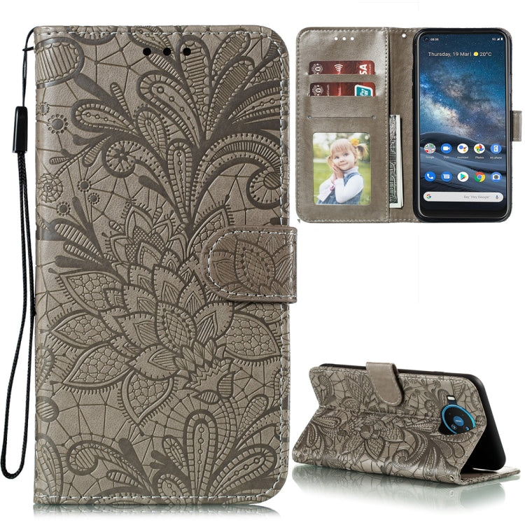 For Nokia 8.3 5G Lace Flower Embossing Pattern Horizontal Flip Leather Case with Holder & Card Slots & Wallet & Photo Frame