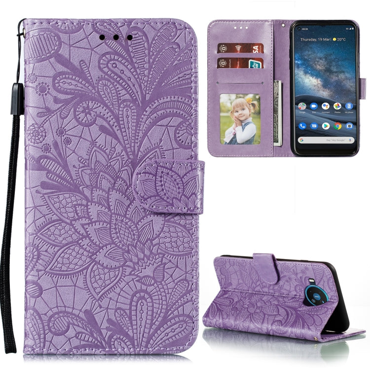 For Nokia 8.3 5G Lace Flower Embossing Pattern Horizontal Flip Leather Case with Holder & Card Slots & Wallet & Photo Frame