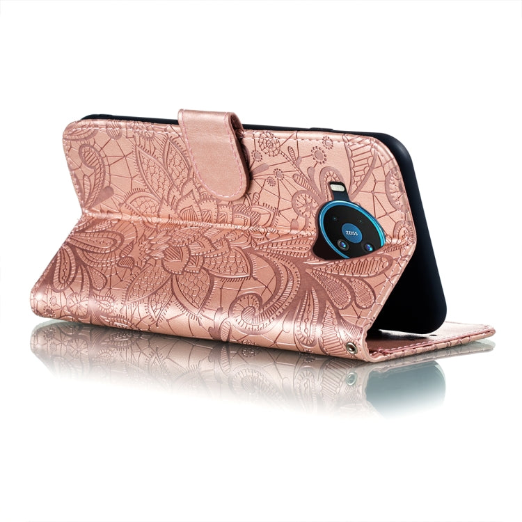 For Nokia 8.3 5G Lace Flower Embossing Pattern Horizontal Flip Leather Case with Holder & Card Slots & Wallet & Photo Frame